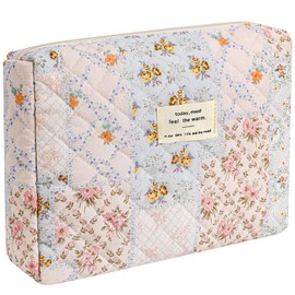 AMULOKRU Makeup Bag, Quilted Makeup Bag, Cotton Floral Makeup Pouch, Coquette Aesthetic Quilted Large Cosmetic Pouch Travel Toiletry Bag for Women and Girls,Irregular Patchwork-Bee&flower