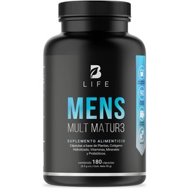 B Life Company Multivitamínico para Hombre Mayor de 40 años con 180 Cápsulas. Ingredientes naturales: Maca Negra, Semillas de Calabaza, Colágeno, Probioticos. Mens Mult Matur3.