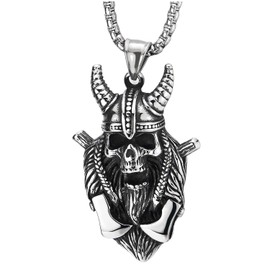 COOLSTEELANDBEYOND Men Steel Vintage Viking Helmet Horn Ax Pirate Skull Pendant Necklace, 30 inches Wheat Chain, Gothic