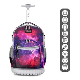 Tilami Rolling Backpack Armor Luggage School Travel Book Laptop 18 Inch Multifunction Wheeled Backpack Students, Deep Red Galaxy