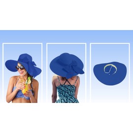 Straw Sun Summer Hat for Women, Female Wide Brim UPF 50+ UV Protection Bowknot Cap, Stylish Braid Visor, Ladies Foldable Roll Up Packable Floppy Beach Hat with Windproof Chin Strap, Royal Blue