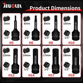 JEUCLEL 8PCS Hex Impact Bit Socket Set, 1/2-Inch Impact Drive Allen Socket Kit, Cr-Mo Steel Lengthen Hex Screwdriver Socket Adapter