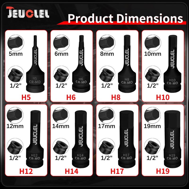 JEUCLEL 8PCS Hex Impact Bit Socket Set, 1/2-Inch Impact Drive