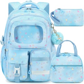 AO ALI VICTORY Backpack for Girls with Lunch Bag Pencil Case Kids School Bags for Kindergarten Elementary Middle Primary Schoolbag Cute 16 inch Laptop Bookbag Students 3 PCS Cute Bookbag, Blue Set