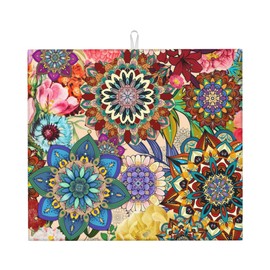 Boho Floral Dish Drying Mat for Kitchen Counter Washable Absorbent Reversible Microfiber Colorful Flowers Drying Pad Kitchen Accessories 16x18 Inch