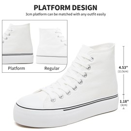 FRACORA Womens High Top Canvas Shoes White Black Platform Sneakers Lace Up Shoes for Women(White,US5)