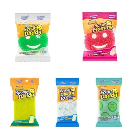 Scrub Daddy Essentials Complete Bundle with Scrub Mommy, Scour Daddy, Sponge Daddy & Eraser Daddy, Smiley Face Sponges for Cleaning & Washing Up, Multipack Kitchen Non Scratch Scourers, Pack of 5