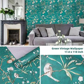 ZAMNEA Peach Tree Peel and Stick Shelf Liner Paper, Green Background White Flowers Bird Self-Adhesive Liner Drawer Cabinets Door Surface Living Room Wall Art Decor 17.8 x 118 inch