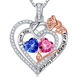 TINGN Gift for Women - 925 Sterling Silver Heart Pendant Birthstone Necklace for Women Valentine's Day Mother's Day Christmas Birthday Jewellery Gift for Wife Girlfriend, Sterling Silver