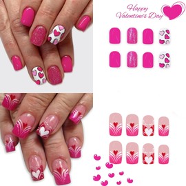 2 Packs 48Pcs Valentine's Day Press on Nails Short Square Fake Nails Heart Acrylic Nails French Tip False Nails Glossy Cute Glue on Nails Kid Heart Love Stick on Nails for Women Girls Nails Decoration