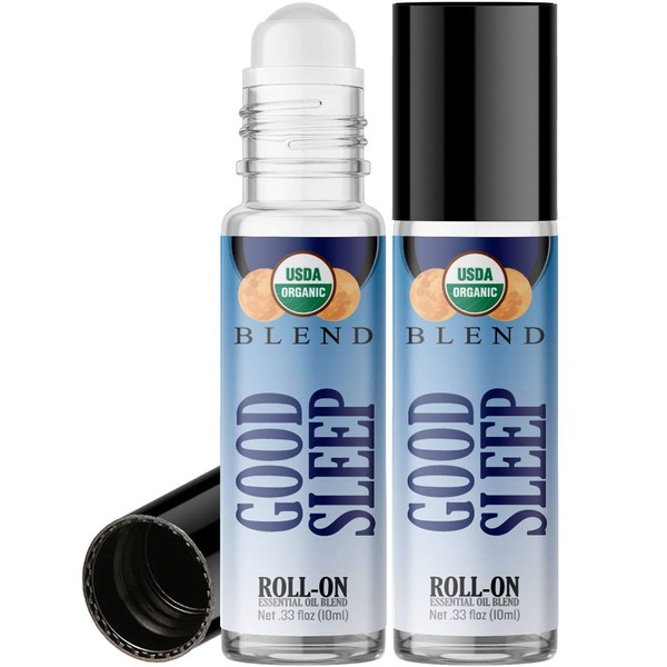 Organic Good Sleep Blend Roll On Essential Oil Rollerball (2 Pack - USDA Certified Organic) Pre-diluted with Glass Roller Ball for Aromatherapy, Kids, Children, Adults Topical Skin Application - 10ml