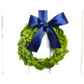 Small Mini Preserved Boxwood Christmas Wreath with Navy Blue Satin Ribbon, Farmhouse Wreath, Choose 6, 8 or 10 inch (6 Inch)