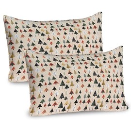 Ambesonne Christmas Pillow Sham Set of 2, Modern Abstract Pine Trees Xmas Theme Dotted Background Print, Quality Microfiber Bedding Item for All Seasons, 36" x 20", Beige Forest Green and Coral