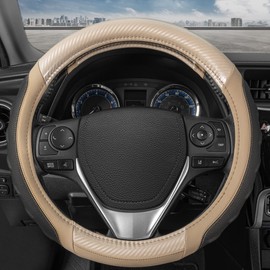 Motor Trend UltraSport Beige Carbon Fiber Steering Wheel Cover, Standard 15 inch Size, Black Faux Leather Comfort Grip, Car Steering Wheel Cover for Auto Truck Van SUV
