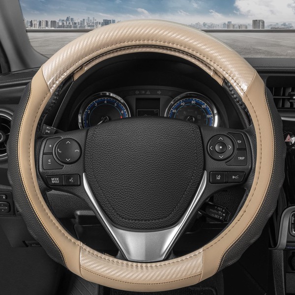 Motor Trend UltraSport Beige Carbon Fiber Steering Wheel Cover, Standard 15 inch Size, Black Faux Leather Comfort Grip, Car Steering Wheel Cover for Auto Truck Van SUV