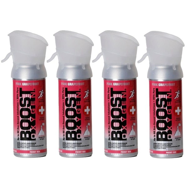 Boost Oxygen Pocket Size Pink Grapefruit Aroma 3 Liter Portable Oxygen Canister | Respiratory Support for Aerobic Recovery, Altitude, Performance and Health (4 Pack)