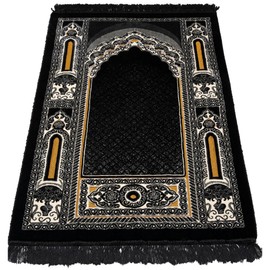 Modefa Islamic Prayer Rug - Double Plush Large & Wide Velvet Carpet - Traditional Muslim Janamaz - Turkish Prayer Mat for Men & Women- Ramadan or Eid Gift - Floral Mihrab Black #2