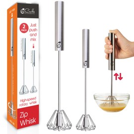 Stainless Steel Egg Whisk - Easy to Use Semi-automatic Push-Down Zip Whisker - Rotary Hand Mixer for Beating Eggs, Frothing Milk, Blending, Mixing, Whipping Smoothies & Shakes - 2 Pack (12 &14 Inch)