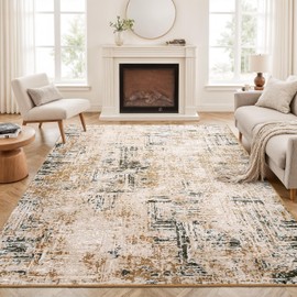 Rugflix 5x7 Area Rug for Living Room, Washable Modern Abstract Rug Low-Pile Non Slip Backing, Soft Large Farmhouse Carpet for Bedroom Dining Room Home Office, Brown Grey