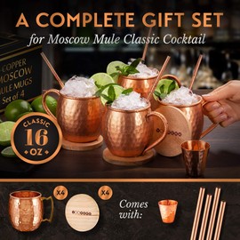 [Gift Set] Moscow Mule Mugs Set Of 4 16 oz Pure Solid Genuine , HANDCRAFTED , Copper Cups , BONUS , Straws, Wood Coasters , Stirring Spoon, Cleaning brush , and Shot Glass , by Yooreka!