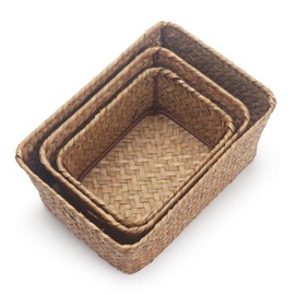 DOKOT Small Woven Wicker Open Storage, Rectangular Handmade Seagrass Baskets for Home, Bathroom Organization（Set of 3）