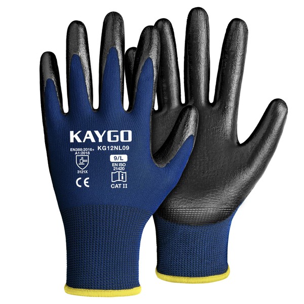 KAYGO Safety Work Gloves Nitrile Coated, Good Grip and Dexterity,