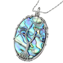SUNYIK Oval Abalone Shell Stone Pendant Necklace,Silver Plated Wire Wrapped Jewelry