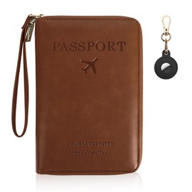 Playexen Passport Holder Wallet with Tracker Case, RFID Blocking PU Leather Passport Cover, Travel Document Organizer Wallet for Men and Women (Brown)