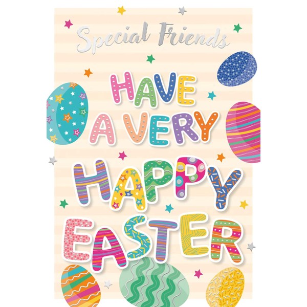 Special Friends Happy Easter Card - Coloured Eggs Writing Silver