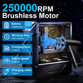 Electric Compressed Air Dusters,250000RPM/10000mAh,Rechargeable Cordless Air Blower,Storage Bag,6-Gear Adjustable Dust Blower for Computer, Keyboards, Outdoor, House, Car