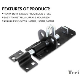 TERF® Heavy Duty Brenton Bolt Black 200mm (8 inch) Strong Padlock bolt For Use with Gates Sheds Garage Doors Lock and Out House Doors Black - 200mm