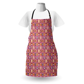 Lunarable Jam Apron, Colorful Design Homemade Fruit Jelly Marmalade in Glass Jars Cartoon Pattern, Unisex Kitchen Bib with Adjustable Neck for Cooking Gardening, Adult Size, Pink Multicolor