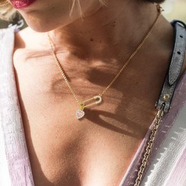 MEMFALL Safety Pin Necklace for Women Cubic Zirconia Heart Paperclip Pendant Necklace Paper Clip Necklaces for Women