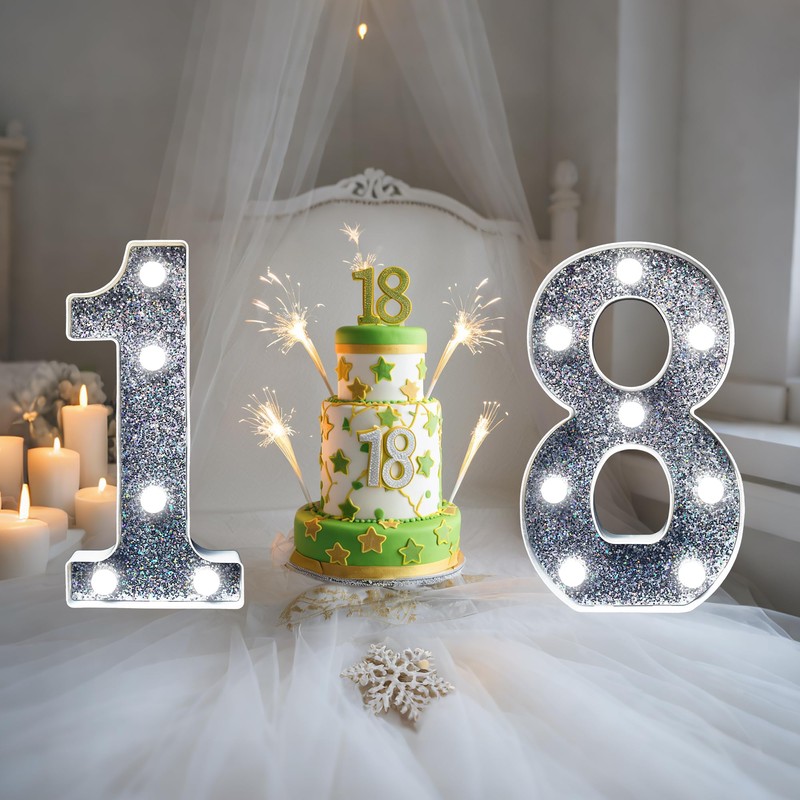 LED Number Light - Lighted Silver Glitter Number Light Sign,