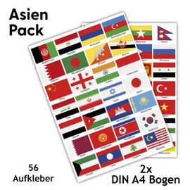 Finest Folia 56 Country Flags Set on 2 DIN A4 Sheets Each Flag 4.9 x 3.3 cm Sticker for Model Making Bicycle Car Motorcycle Decoration Countries R108 (Asia)