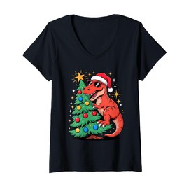 Womens Christmas Tree T-Rex Dinosaur Sunglasses Tyrannosaurus Rex V-Neck T-Shirt
