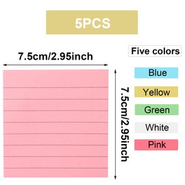 5 Pads Lined Sticky Notes 3 x 3 Inch (75 x 75 mm) Removable Self Sticky Notes Pads Bright Colour Memo Pads for Office School Home, Blue Yellow Green White Pink, 80 Sheets Per Pad