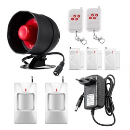 Alarm System Security 9-Piece Set with 115 dB Siren, Motion Sensor, Door Window Sensor and Remote Control, for Warehouses, Shops, Home
