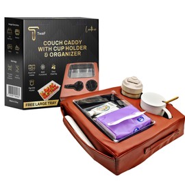 couch caddy with cup holder, couch cup holder, FREE TRAY, bed and sofa caddy organizer, storage, tray for drinks, snacks, remotes, phones, couch caddy tray for car, beach, picnic, Non-Slip Base