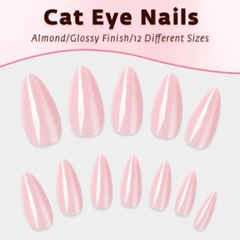 Bellelfin 120Pcs Cat Eye Press on Nails Almond Medium Length, Full Cover Nude Pink Press on Fake Nails Glossy Acrylic Almond Shape Glue Nails for Women Girls