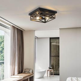 DIKAIDA Rustic Flush Mount Ceiling Light Fixture, Modern Farmhouse Light Fixture, Kitchen Hallway Light Fixtures for Bedroom,Dining Room Entryway,Industrial Metal Cage Ceiling Light