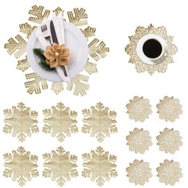 Kleemeiero Set of 6 Place Mats and 6 Coasters, Snowflakes, PVC Christmas Place Mats, Round Table Coasters, Washable, Heat-Resistant Place Mats for Kitchen Table, 38 cm (Gold)