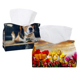 2 Pack Tissue Box Cover Holder, Beautiful Tulip Floral Sunset Landscape Rectangle Leather Tissue Case, Decorative Organizer for Tabletop, Bathroom, Car, Office