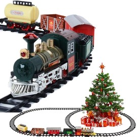 Classic Christmas Train Toys Set with Lights and Sounds, Electric Train Set with Tracks, Locomotive Engine, Cargo Car, Coal Cargo, Passenger Coach