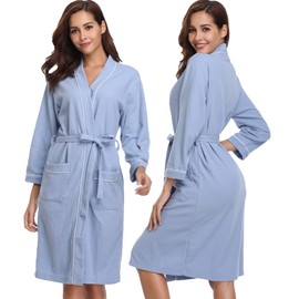 Vlazom Waffle Dressing Gowns Unisex Kimono Robe Cotton Lightweight Bathrobe for All Seasons Spa Hotel Sleepwear, Blue, XXL