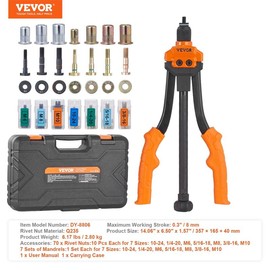 VEVOR Rivet Nut Tool, 16 inch Rivnut Tool Kit with 13PCS Metric and SAE Mandrels & 186PCS Rivet Nuts, Semi-auto Retraction, M3, M4, M5, M6, M8, M10, M12, 1/4-20, 5/16-18, 3/8-16, 1/2-13, 8-32, 10-24 - Rivet: 14-inch