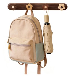 Kids Coat Rack Wall Mount, Walnut Wood Wall Hooks with 4 Flowers, Includes Mounting Screws, 14.96 Inch Heavy Duty Hanger for Clothes, Backpack, Towels, Nursery, Bedroom Decor (Walnut wood color)