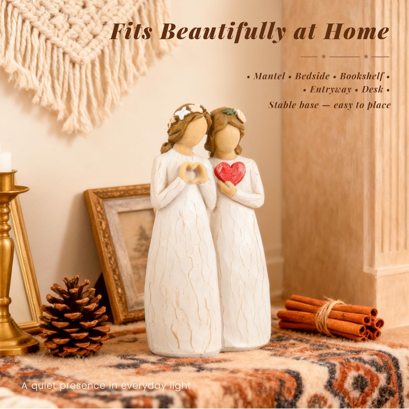 Dekismeos Sister Figurine with Heart, Two Sisters Resin Sculpture as