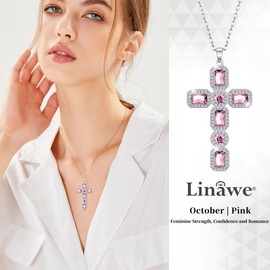Linawe Silver Cross Charm Necklace for Women, Chain Pendant Necklace Pink Jewellery, Moissanite Crystal Diamond Birthstone Rhinestone Necklace, Catholic Gifts for Mom Grandma Her