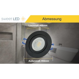 sweet-led, IP44 Aluminium Frame, Bathroom, Includes GU10 7W Warm White Bathroom, Recessed Light, Aluminium, Click Closure, Installation Frame IP44 Recessed Spotlight, Recessed Spotlight (1 x Black 7